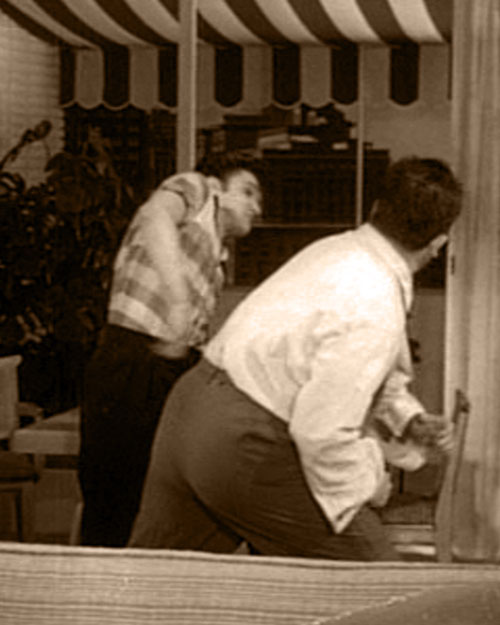 Elvis Presley is Vince Everett and Mickey Shaughnessy is Hunk Houghton in 1957's JAILHOUSE ROCK (MGM)